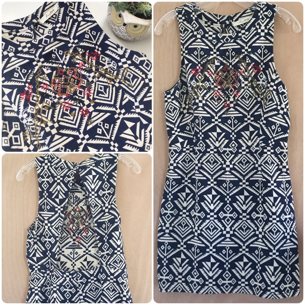 Navy Blue + Cream Embroidered Mini Dress.